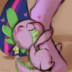 Size: 1000x1000 | Tagged: safe, artist:hinoraito, spike, twilight sparkle, dragon, pony, g4, :3, baby, baby dragon, baby spike, blushing, clinging, cute, daaaaaaaaaaaw, duo, duo male and female, eyes closed, female, heart, hnnng, hug, leg, male, mare, offscreen character, offscreen female, signature, smiling, solo focus, spikabetes, tail, wingless spike, younger