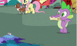 Size: 453x271 | Tagged: safe, edit, edited screencap, screencap, fluttershy, spike, winona, dog, dragon, pegasus, pony, g4, season 3, spike at your service, animated, cart, didn't read, female, gif, golden oaks library, image macro, library, male, mare, reaction image, scroll, solo focus, tl;dr