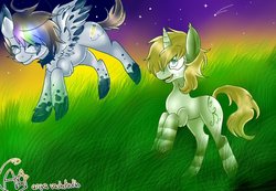 Size: 900x623 | Tagged: dead source, safe, artist:bluehtheassasin, oc, oc only, pegasus, pony, unicorn, duo, stars