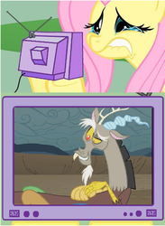 Size: 595x813 | Tagged: safe, discord, fluttershy, g4, exploitable meme, fluttercry, television, tv meme