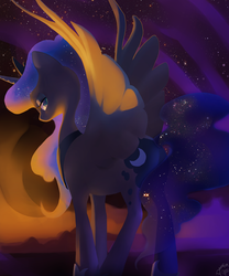 Size: 1734x2087 | Tagged: safe, artist:dawnfire, princess luna, pony, g4, butt, colored pupils, female, moonbutt, plot, solo, sunset