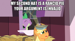 Size: 850x464 | Tagged: safe, applejack, spike, g4, spike at your service, meme, pie