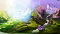 Size: 1920x1080 | Tagged: dead source, safe, artist:lukeine, twilight sparkle, pony, unicorn, g4, castle, city, color porn, featured image, female, frown, looking up, mare, mountain, painting, raised hoof, road, scenery, scenery porn, snow, solo, unicorn twilight, wallpaper