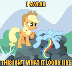 Size: 500x463 | Tagged: safe, edit, edited screencap, screencap, applejack, rainbow dash, earth pony, pony, g4, spike at your service, female, image macro, mare, on back, out of context