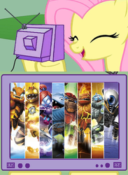 Size: 563x771 | Tagged: safe, fluttershy, pony, g4, bouncer (skylanders), crossover, crusher, exploitable meme, eye brawl, giants, hot head, meme, ninjini, skylanders, swarm, thumpback, tree rex, tv meme