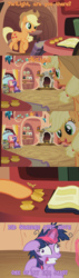 Size: 800x2827 | Tagged: safe, edit, edited screencap, screencap, applejack, twilight sparkle, earth pony, pony, unicorn, g4, lesson zero, spike at your service, comic, cropped, duo, duo female, female, golden oaks library, inkwell, mare, reading, screencap comic, sitting, super ocd, twilight snapple, unicorn twilight