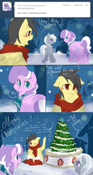 Size: 600x1116 | Tagged: safe, artist:mr-tiaa, diamond tiara, silver spoon, oc, oc:banana scent, earth pony, pegasus, pony, ask chubby diamond, g4, cake, chubby, fat, hearth's warming eve, overweight, pegasus oc, tumblr