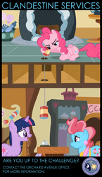 Size: 550x950 | Tagged: safe, edit, edited screencap, screencap, cup cake, pinkie pie, twilight sparkle, g4, party of one, canterlot intelligence agency, cia, poster