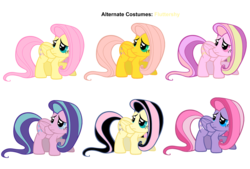 Size: 3400x2300 | Tagged: safe, artist:kurokaji11, artist:pika-robo, flitterheart, fluttershy, posey, starsong, pegasus, pony, g1, g3, g4, alternate clothes, crouching, emoshy, female, g1 to g4, g3 to g4, generation leap, mare, palette swap, recolor, simple background, transparent background, vector
