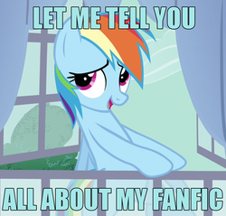 Size: 500x477 | Tagged: safe, rainbow dash, g4, my little pony: friendship is magic, spike at your service, blue text, fanfic, image macro