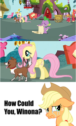 Size: 500x832 | Tagged: safe, applejack, big macintosh, fluttershy, spike, winona, earth pony, pony, g4, my little pony: friendship is magic, spike at your service, comic, male, stallion, unhapplejack