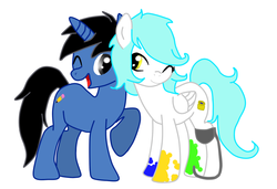 Size: 1082x739 | Tagged: safe, artist:chromadraws, oc, oc only, oc:chroma feather, pegasus, pony, unicorn, amputee, couple, disabled, midnytesketch, prosthetics, shipping