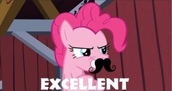 Size: 500x264 | Tagged: safe, pinkie pie, earth pony, pony, g4, spike at your service, excellent, female, image macro, moustache, plotting, reaction image, solo