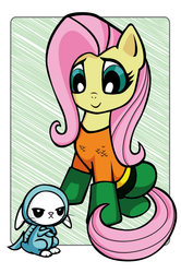 Size: 574x862 | Tagged: safe, artist:chiisai-suzume, angel bunny, fluttershy, g4, aquaman, crossover, dc comics, parody