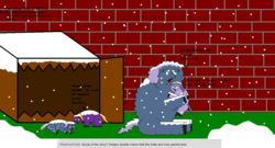 Size: 1236x666 | Tagged: safe, artist:fortune, fluffy pony, abandoned, brick wall, crying, feral fluffy pony, fluffy pony foals, fluffy pony mother, hug, snow, snowfall, winter