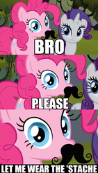 Size: 500x888 | Tagged: safe, edit, edited screencap, screencap, pinkie pie, rarity, earth pony, pony, unicorn, g4, spike at your service, breaking the fourth wall, caption, duo, facial hair, fake moustache, female, image macro, impact font, looking at you, meme, moustache, my little brony, text, watermark