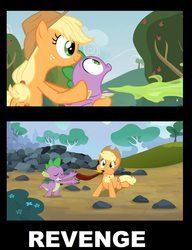 Size: 500x651 | Tagged: safe, edit, edited screencap, screencap, applejack, spike, dragon, earth pony, pony, apple family reunion, g4, spike at your service, bellows, bipedal, comic, dragonfire, female, fire, fire breath, green fire, inflation, male, mare, screencap comic