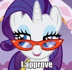 Size: 348x337 | Tagged: safe, edit, edited screencap, screencap, rarity, pony, g4, suited for success, approves, cropped, glasses, image macro, reaction image, solo