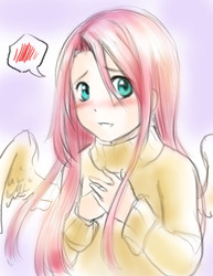 Size: 612x792 | Tagged: safe, artist:ninjaorangexd, fluttershy, human, g4, blushing, clothes, cute, female, humanized, looking at you, pictogram, shyabetes, solo, speech bubble, sweater, sweatershy, winged humanization