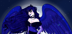 Size: 2729x1285 | Tagged: safe, artist:licoricebunny, princess luna, human, g4, blue lipstick, breasts, cleavage, female, humanized, lipstick, moon, pale skin, smiling, solo, winged humanization, wings