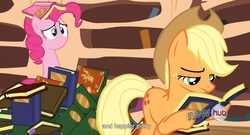 Size: 1585x857 | Tagged: safe, screencap, applejack, pinkie pie, g4, book, hub logo, no mouth, youtube caption, youtube link