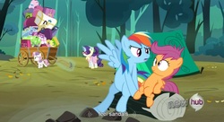 Size: 1581x861 | Tagged: safe, edit, edited screencap, screencap, rainbow dash, rarity, scootaloo, sweetie belle, pegasus, pony, unicorn, g4, sleepless in ponyville, camping outfit, caption, female, filly, foal, hub logo, mare, tent, text, youtube caption, youtube link