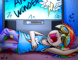 Size: 1280x989 | Tagged: safe, artist:megasweet, artist:trelwin, rainbow dash, human, g4, armpits, clothes, drool, female, goggles, humanized, pajamas, sleeping, snoring, solo, television, younger, zzz