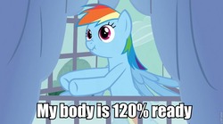 Size: 960x535 | Tagged: safe, rainbow dash, pony, g4, spike at your service, 20% cooler, female, my body is ready, scrunchbow dash, scrunchy face, solo