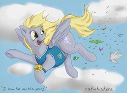 Size: 1369x1000 | Tagged: safe, artist:ratwhiskers, derpy hooves, bird, pegasus, pony, g4, winter wrap up, clothes, cloud, cloudy, compass, female, flying, looking back, mare, sky, smiling, solo, underhoof, underp, vest, weather team, went north to get the southern birds, windswept mane, winter wrap up vest
