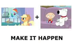 Size: 1337x796 | Tagged: safe, applejack, rainbow dash, g4, my little pony: friendship is magic, spike at your service, all caps, brian griffin, exploitable meme, family guy, make it happen, male, meme, meta, stewie griffin