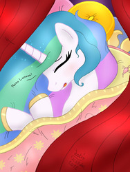 Size: 900x1200 | Tagged: safe, artist:joakaha, princess celestia, alicorn, pony, g4, female, pillow, sleeping, solo