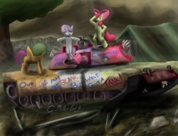 Size: 1636x1252 | Tagged: safe, artist:tattertailart, apple bloom, scootaloo, sweetie belle, g4, cutie mark crusaders, m1 abrams, tank (vehicle)