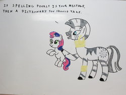 Size: 900x675 | Tagged: safe, sweetie belle, zecora, zebra, g4, annoy your co-worker, dictionary, whiteboard