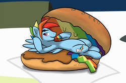Size: 1300x857 | Tagged: safe, artist:caluriri, rainbow dash, original species, pegasus, pony, g4, burger, food, hooves, looking at you, male, micro, on back, ponies in food, rainbow blitz, rule 63, stallion, sultry pose