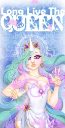 Size: 488x950 | Tagged: safe, artist:dark-cyrin, princess celestia, human, g4, clothes, dress, female, horn, horned humanization, humanized, magic, poster, skinny, solo, thin