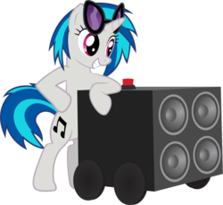 Size: 1208x1105 | Tagged: safe, artist:ah-darnit, dj pon-3, vinyl scratch, pony, unicorn, epic wub time, g4, bass cannon, big red button, bipedal, female, mare, simple background, smiling, solo, speaker, sunglasses, transparent background, vector