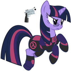 Size: 1600x1593 | Tagged: safe, artist:whitepone, twilight sparkle, g4, crossover, glasses, gordon freeman, gun, half-life, hi-power, pistol