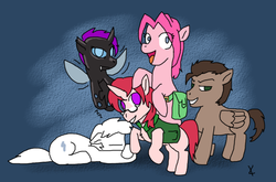 Size: 670x443 | Tagged: safe, artist:kawa, oc, oc:sixteen 7-52-1, changeling, earth pony, pegasus, pony, unicorn, askthesciencepony, bipedal, eyes closed, fangs, floppy ears, flying, grin, group, jennie pie, leaning, lidded eyes, looking at you, male, open mouth, powder (substance), prone, rearing, sleeping, smiling, smirk, spread wings, stallion, stormcloud j. tailchaser, wide eyes, zzz