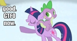 Size: 633x344 | Tagged: safe, spike, twilight sparkle, g4, gtfo, image macro