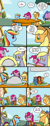 Size: 800x2000 | Tagged: safe, artist:htfcuddles, applejack, derpy hooves, pinkie pie, rainbow dash, oc, big cat, cat, mouse, pony, tiger, anthro, g4, anthro with ponies, cloud, cloudy, comic, fetish, food, furry, imminent vore, katojana, keidran, micro, mlp fim vore comic, mousani, plate, platter, speech bubble, table