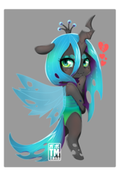 Size: 739x1050 | Tagged: dead source, safe, artist:nauticalsparrow, queen chrysalis, changeling, changeling queen, pony, g4, bipedal, chibi, cute, cutealis, female, heart, solo