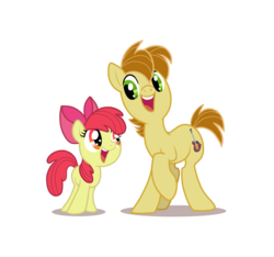 Size: 1277x1194 | Tagged: safe, artist:anima-dos, apple bloom, mandopony, earth pony, pony, g4, eye contact, female, filly, foal, looking at each other, looking at someone, male, open mouth, raised hoof, smiling, stallion