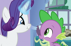 Size: 748x482 | Tagged: safe, screencap, rarity, spike, dragon, pony, unicorn, g4, spike at your service, carousel boutique, female, male, mare, nose wrinkle, scrunchy face