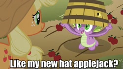 Size: 960x540 | Tagged: safe, edit, edited screencap, screencap, applejack, spike, dragon, earth pony, pony, g4, my little pony: friendship is magic, spike at your service, barrel, dialogue, female, hat, image macro, male, mare