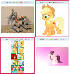 Size: 538x568 | Tagged: safe, artist:jave-the-13, artist:thatguy1945, applejack, derpy hooves, octavia melody, pinkie pie, rainbow dash, pegasus, pony, g4, comic, exploitable meme, female, juxtaposition, juxtaposition win, mare, meta, model, sculpture, simple background, tin can, vector, white background