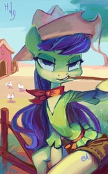 Size: 2030x3269 | Tagged: safe, artist:holivi, fiddlesticks, bird, chicken, earth pony, semi-anthro, g4, apple family member, clothes, cottagecore, female, fence, smug, solo