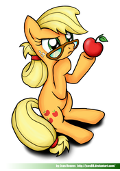 Size: 1926x2759 | Tagged: safe, artist:jcosneverexisted, applejack, earth pony, pony, g4, apple, female, glasses, obligatory apple, sitting, solo
