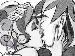 Size: 1024x768 | Tagged: safe, artist:thelivingmachine02, princess cadance, shining armor, human, g4, eyes closed, female, flower, flower in hair, grayscale, humanized, kiss on the lips, kissing, male, monochrome, ship:shiningcadance, shipping, sketch, smiling, straight