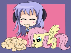 Size: 1280x960 | Tagged: safe, artist:zorua570, fluttershy, g4, cream puff (food), crossover, hanyuu, higurashi no naku koro ni