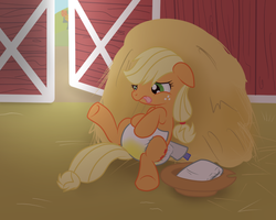 Size: 1000x800 | Tagged: safe, artist:fillyscoots42, applejack, earth pony, pony, g4, barn, diaper, diaper change, diaper fetish, female, non-baby in diaper, solo, urine, wet, wet diaper